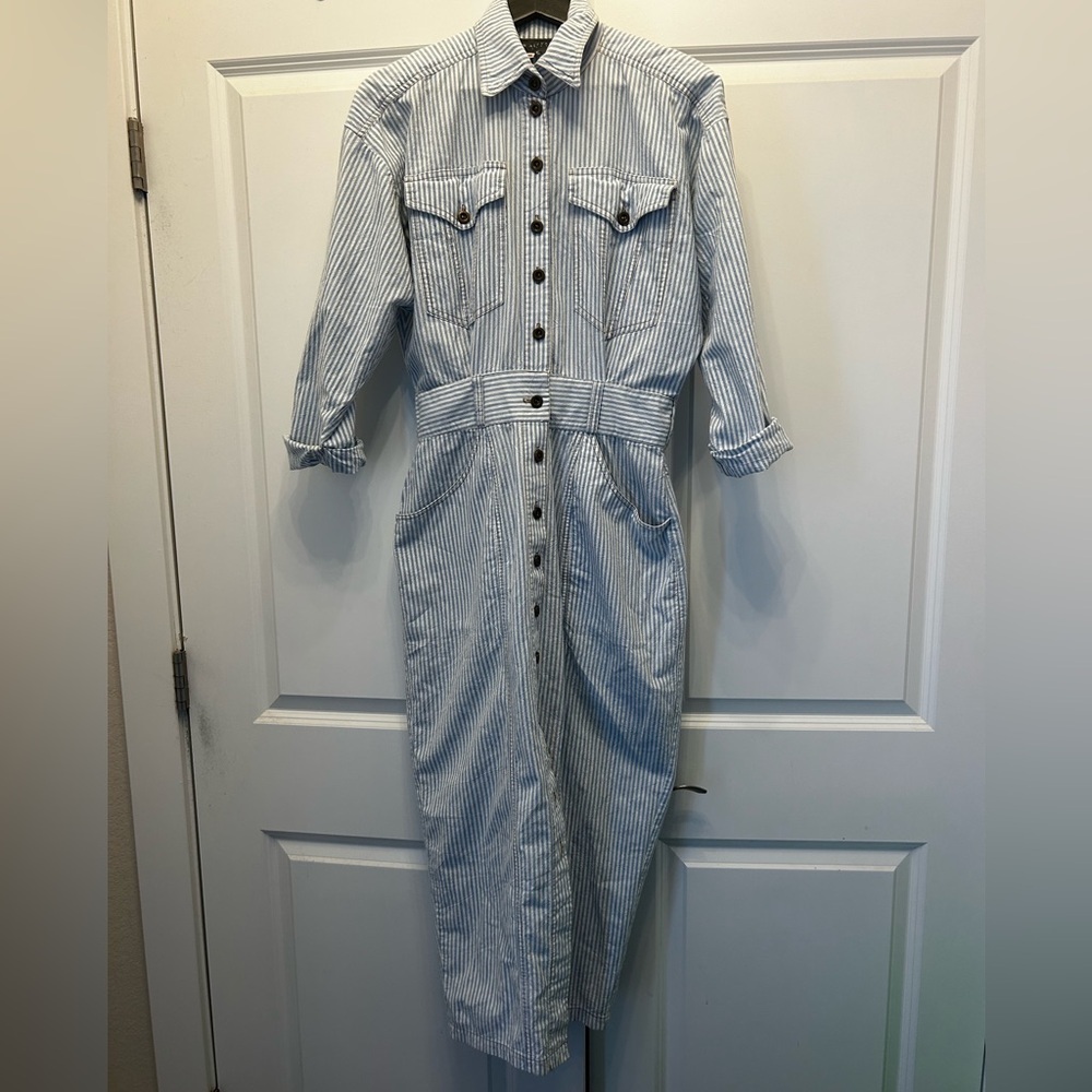 Karen Alexander vintage blue and white striped midi shirtwaist dress size 8 - Picture 3 of 12